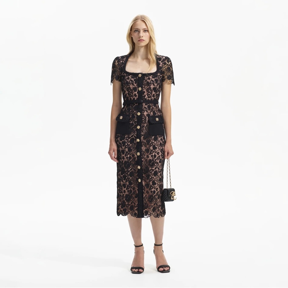 Self-Portrait Black Cord Lace Gold Buttons Mini Dress with Belt UK6/US2 NWOT